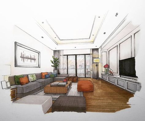 Drawing Room Concept, Perspective Room, Interior Architecture Sketch, Interior Design Sketchbook, Room Concept, Interior Design Renderings, Drawing Interior, Interior Architecture Drawing, Interior Design Plan