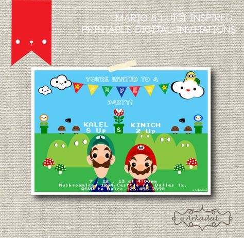 Mario Bros Birthday Party , Mario and Luigi Inspired Birthday Invitation DIY by arkadul, $10.00 Luigi Party, Mario Bros Birthday Party, Arcade Birthday, Mario Bros Birthday, Birthday Invitations Diy, Mario Birthday Party, Twins 1st Birthdays, Invitation Diy, Mario Luigi