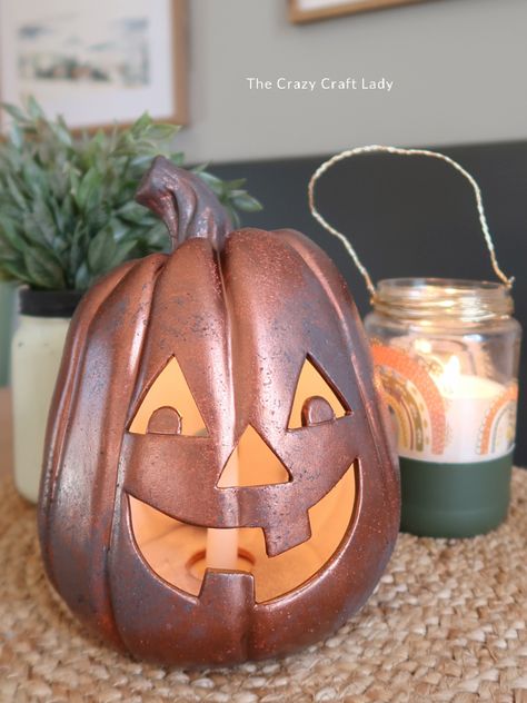 Gas Can Jack O Lantern, Jack O Lantern Diy, Copper Pumpkins, Primitive Fall Crafts, Faux Paint Finishes, Lantern Craft, Copper Lantern, Fall Pumpkin Crafts, Halloween Centerpiece