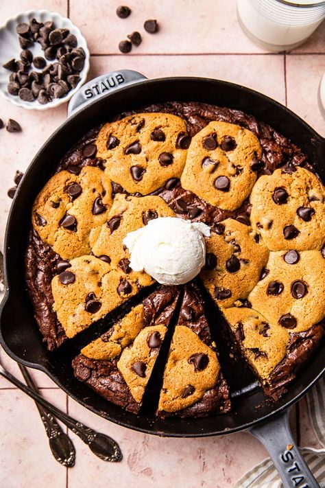 Skillet Dessert, Skillet Desserts, Cookie Skillet, So Much Food, Brown Butter Chocolate Chip, Brown Butter Chocolate Chip Cookies, Fudgy Brownie, Buy Cookies, Brownie Batter