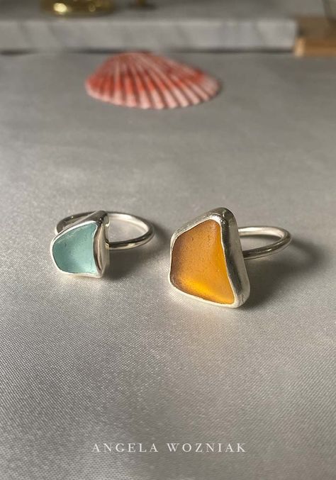 blue and orange seaglass found in Sydney Seaglass Rings, Seaglass Jewelry, Sea Glass Ring, Orange Marmalade, Eco Packaging, Shark Fin, Portfolio Ideas, Sea Glass Crafts, Glass Ring