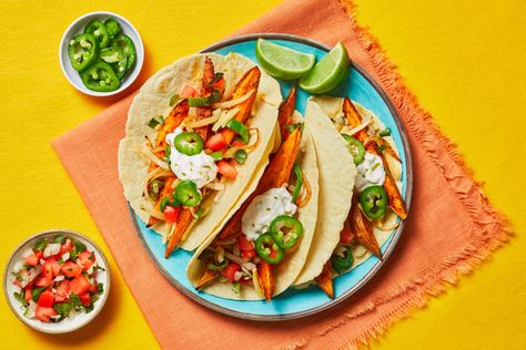 Sweet Potato Fajitas Recipe | HelloFresh Dinner Meatless, Vegetarian Fajitas, Recipe Planner, Food Experiments, Marley Spoon, Pulled Pork Tacos, Chicken Taco Recipes, Meatless Mondays, Pork Tacos