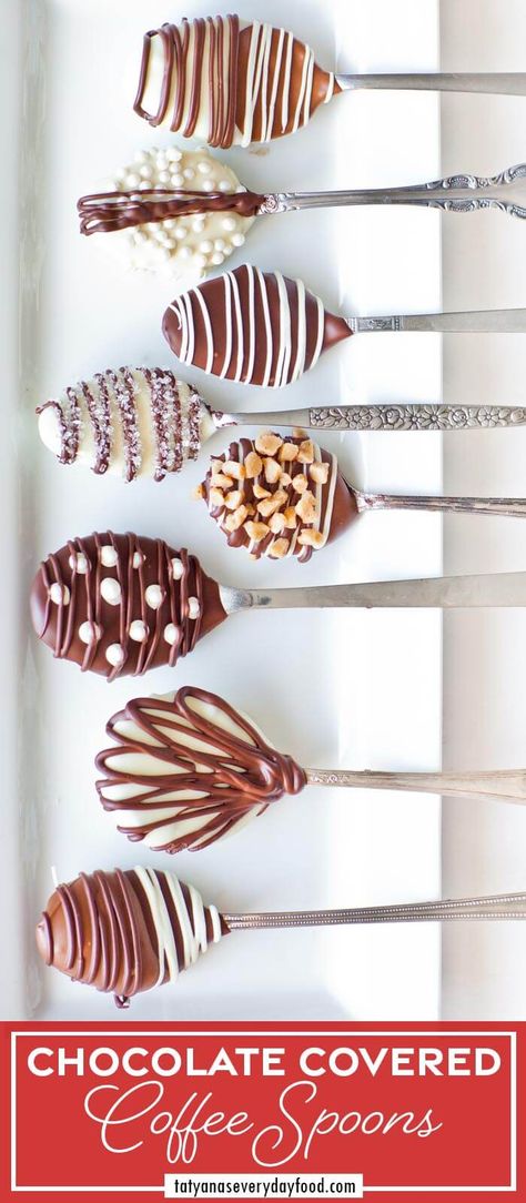 How to Make Chocolate Covered Coffee Spoons (video) - Tatyanas Everyday Food Chocolate Covered Spoons, Chocolate Stirrers, Cocoa Spoons, Garlic Parmesan Fries, Boneless Chicken Wings, Hot Chocolate Stirrers, Parmesan Fries, Toffee Chips, Hot Chocolate Spoons