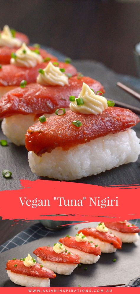 Plant-based Tuna Nigiri Sushi? This modern Japanese recipe is so easy to make, so delicious and it even looks like tuna sashimi. Try it now. Recipe by Asian Inspirations. #tuna #vegantuna #vegantunarecipe #veganrecipes #asianveganrecipes #japanesetuna Vegan Sashimi, Vegan Tuna Recipe, Easy Sushi Rolls, Tuna Nigiri, Vegan Tuna, Tuna Sashimi, Sushi Roll Recipes, Easy Sushi, Sushi At Home