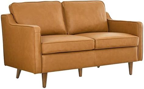 Modway Impart Upholstered Leather Loveseat, Tan Tan Loveseat, Cognac Leather Sofa, Tan Sofa, Top Grain Leather Sofa, Genuine Leather Sofa, Modern Cushions, Modern Loveseat, Mid Century Living, Modern Eclectic