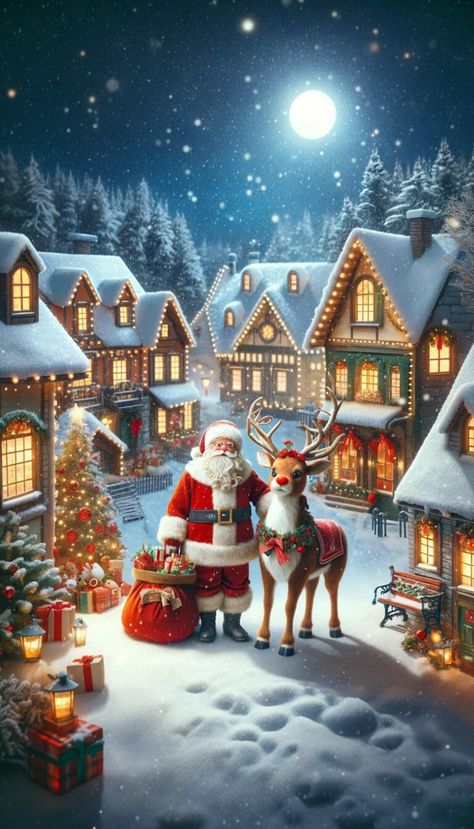 Reindeer with Santa in Snowy Town_ A reindeer next to Santa Claus in a quaint, snow-covered town Santa Phone Wallpaper, Santa Claus Wallpaper Iphone, Santa’s Village, Cute Christmas Backgrounds For Iphone, Backgrounds For Christmas, Christmas Wallpapers For Iphone, Winter Widgets, Santa Wallpaper, Santa Claus Illustration