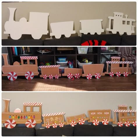 My gingerbread train Christmas Train Outdoor Decoration, Gingerbread Room Decor, Gingerbread Train Station, Gingerbread Christmas Float, Gingerbread Train Diy, Gingerbread Train Ideas, Gingerbread Hallway Decorations, Gingerbread Literacy, Gingerbread Costume