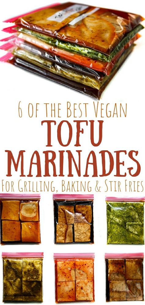 A pin for 6 of the best vegan tofu marinades. The top photo shows a stack of 6 gallon ziplock bags, each filled with tofu and a different marinade. The bottom photo shows the bags of tofu and marinade spead out side by side. Tofu Marinade Recipes, Tofu Teriyaki, Tofu Seasoning, Best Tofu, Tofu Recipes Healthy, Tofu Steak, Tofu Chicken, Tofu Marinade, Deep Fried Tofu