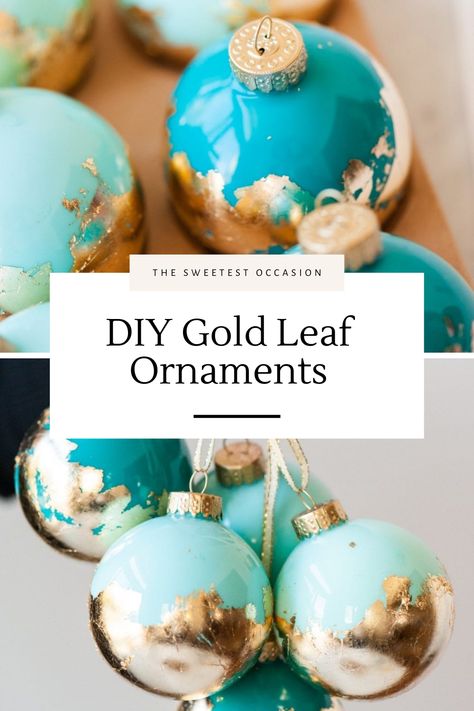 DIY Gold Leaf Ornaments Gold Leaf Ornaments, Glass Ornaments Diy, Diy Gold Leaf, Christmas Ball Ornaments Diy, Diy Xmas Ornaments, Christmas Diy Kids, Diy Christmas Ornaments Easy, Diy Christmas Tree Ornaments, Diy Gold