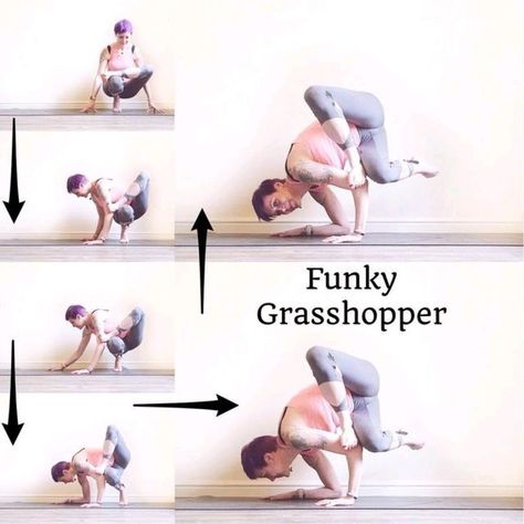 Funky Grasshopper Pose (Maksikanagasana Variation) Grasshopper Tutorial, Grasshopper Pose, Arm Balance, Yoga Balance, Yoga Nature, Balance Yoga, Yoga Poses Advanced, Yoga Tutorial, Arm Balances