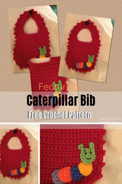 Super Cute And Easy Caterpillar Baby Bib Free Crochet Pattern Handmade Baby Clothes Patterns, Bib Ideas, Crochet Bibs, Crochet Baby Bibs, Crochet Bib, Baby Clothes Patterns Sewing, Baby Bibs Patterns, Bunting Bag