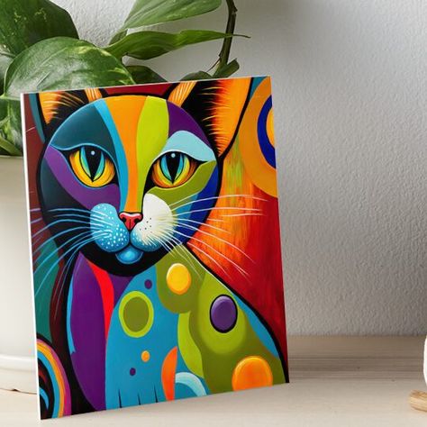 Professionally printed on firm, textured mat boards perfect for desks and shelves. Supplied with 3M velcro dots to easily affix to walls. Available in standard sizes. cat, kitten, cat lover, abstract cat, colorful drawing Cat Canvas Painting Ideas, Easy Cat Art, Cute Cats Drawing, Quirky Paintings, Kitten Craft, Abstract Cat Painting, Abstract Cat Art, Modern Cat Art, Cats Painting