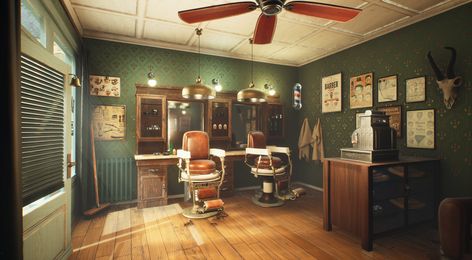 Retro Barbershop in UE4 by Brice Besson: Workflow, Assets, Materials Retro Barbershop Interior, City Art Illustration, Barbershop Ideas, Google Black, Wallpaper Top, Barbershop Design, 3d Room, Barber Shop Decor, Retro Interior Design