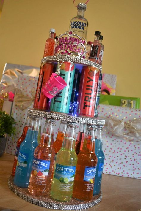 This was probably her favorite cake of the day! Birthday Present Cake, Beer Cakes, Booze Gift, Present Cake, 21st Bday Ideas, Party Favors For Adults, Beer Cake, Glitter Bottle, Bff Birthday Gift