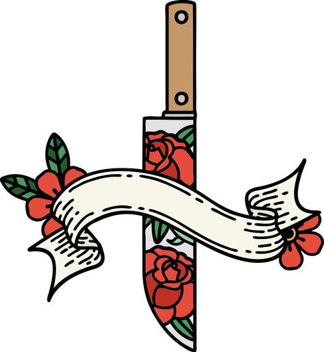 tattoo with banner of a dagger and flowers American Traditional Banner, Tattoo Banner Design, Traditional Tattoo Ribbon, Tattoo With Banner, Traditional Tattoo Banner, Tattoo Banner, Flowers Tattoos, Traditional Tattoo Flowers, Old School Tattoo Designs