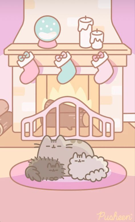 Pusheen X Hello Kitty Wallpaper, Kawaii Snow Wallpaper, Pusheen Wallpaper Iphone, Pusheen Poster, Kawaii Christmas Wallpaper, Sanrio Winter, Pusheen Christmas, Fireplace Tv Wall Decor, Christmas Wallpaper Iphone Cute