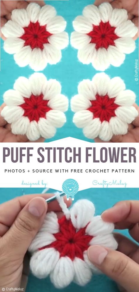 Puff Stitch Flower, Puff Stitch Crochet, Crochet Appliques, Crochet Patterns Free Beginner, Trendy Sewing, Puff Stitch, Stitch Crochet, Ideas Crochet, Crochet Flower Patterns