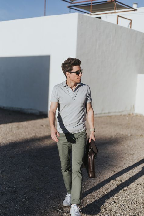 Neutrals: The Best Clothing Colors For Men    Grey polo with olive chinos Chino Polo Outfit Men, Grey Polo Shirt Outfit Men Casual, Gray Polo Outfit Men, Olive Green Chinos Outfit Men, Mens Green Chinos, Gray Chinos Men Outfits, Olive Chinos Men Outfits, Olive Outfit Men, Green Chinos Outfit Men