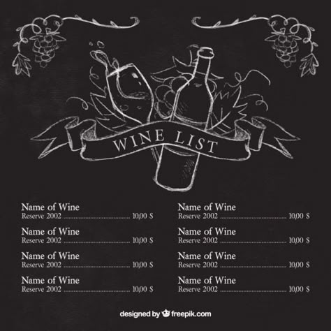 Wine list template with sketches on blackboard Free Vector Wine Chalkboard Ideas, Wine Menu Chalkboard, Wine Chalkboard Art, Beer Chalkboard Art, Wine Chalkboard, Bar Chalkboard Ideas, Blackboard Design, Chalkboard Restaurant, Wine Pub