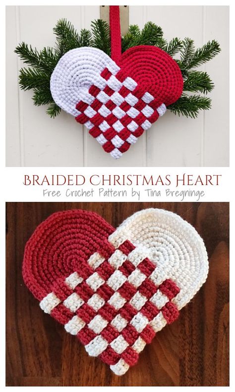 Braided Christmas Heart Free Crochet Patterns Danish Heart, Free Heart Crochet Pattern, Crochet Valentine Patterns, Crochet Valentine, Crochet Hearts, Crochet Heart Pattern, Christmas Heart, Confection Au Crochet, Valentines Patterns