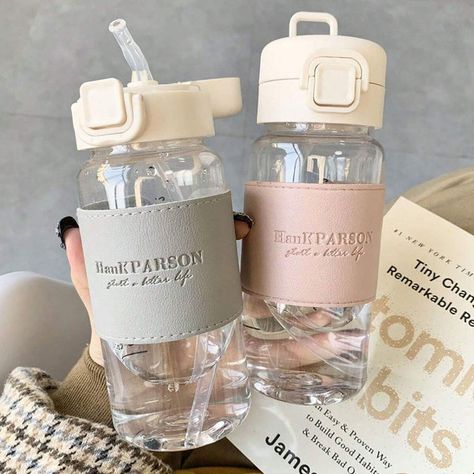 ملصق بحث, Stylish Water Bottles, Plastic Drink Bottles, Botol Air, Drinking Bottle, Bottle With Straw, Water Bottle With Straw, Style Japonais, Glass Water Bottle