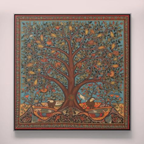 Indian Gond Style Folk Art Painting of Tree of Life Canvas - Etsy Gond Painting, Kerala Mural Painting, Pichwai Paintings, Bohemian Wall Art, Indian Folk Art, Madhya Pradesh, Original Wall Art, Folk Art Painting, Contemporary Wall Art