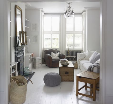 White Painted Floors Design Vintage White Floorboards Living Room, Floorboards Living Room, Sanding Floorboards, Dark Floorboards, White Painted Floors, White Floorboards, Painted Floorboards, Charcoal Walls, Pretty Room