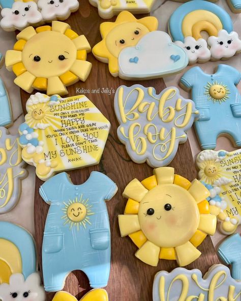 You are my sunshine cookie theme ⛅️ | Instagram You Are My Sunshine Baby Shower Boy, You Are My Sunshine Cookies, You Are My Sunshine Baby Shower Ideas, Sunshine Baby Shower Theme, Sunshine Cookies, Baby Shower Snacks, Grey Baby Shower, Cookies Theme, Sunshine Baby Showers