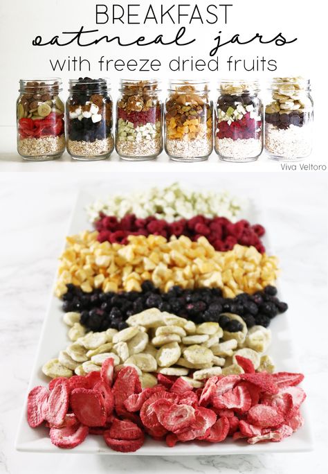 Simplify breakfasts with make-ahead oatmeal jars using freeze dried fruit! How To Use Freeze Dried Fruit, Freeze Dried Fruit Uses, Freeze Dried Oatmeal, Selling Freeze Dried Food, Freeze Dried Drink Mixes, Freeze Dried Gifts, Freeze Dried Snacks, Oatmeal Breakfast Jars, Oatmeal Jar