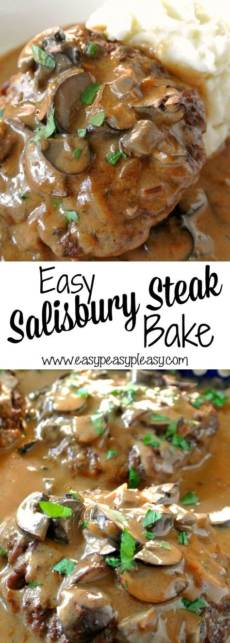 Why stand over the stove when you can let the oven do the work for you! Checkout this easy and oh so delicious way to bake Salisbury Steak! Salisbury Steak Recipe Oven, Baked Salisbury Steak Recipe, Steak Bake, Steak With Mushrooms, Easy Salisbury Steak, Hamburger Steaks, Salisbury Steak Recipe, Baked Steak, Cube Steak Recipes