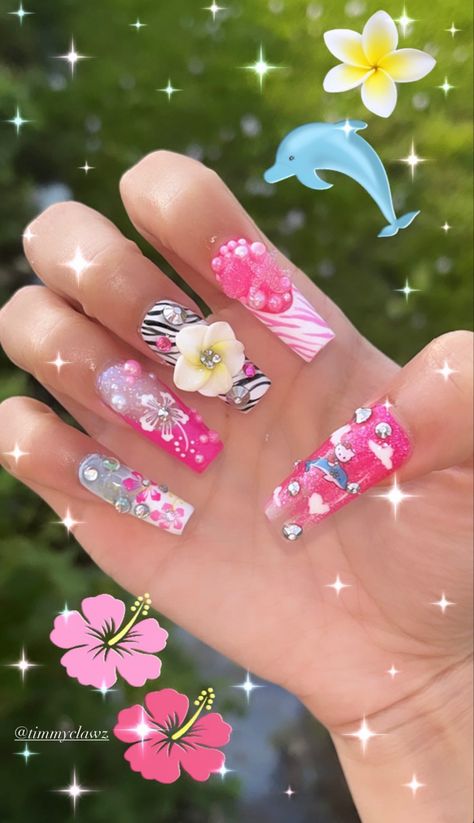 Manba Gyaru Nails, Gyaru Nails Tropical, Short Gyaru Nails, Gyaru Nails Long, Gyaru Nails Short, Beach Gyaru, Tropical Gyaru, Vacation Nail Art, Gyaru Nails