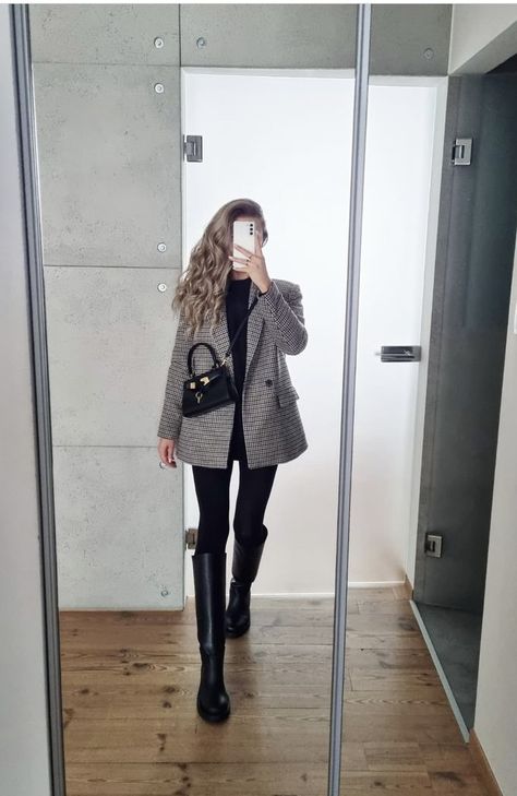 British Rainy Day Outfit, Brown Pleated Skirt Outfit Winter, Work Outfits Women Boots, Fall Skirt Outfits Women, Riding Boots Outfit 2024, Jeans And Knee High Boots Outfit, England Winter Outfits, Winter Drinks Outfit, Baby Shower Guest Outfit Fall