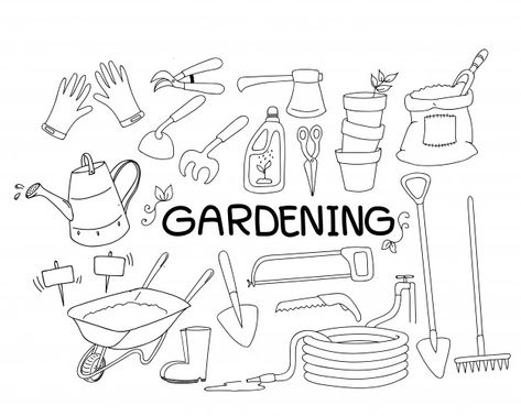 Hand drawn doodle set of gardening tools Premium Vector Gardening Doodles, Garden Doodles, Doodle Garden, Gardening Illustration, Gardening Drawing, Micron Pen Art, March Themes, Bullet Journal Font, Sketchbook Cover