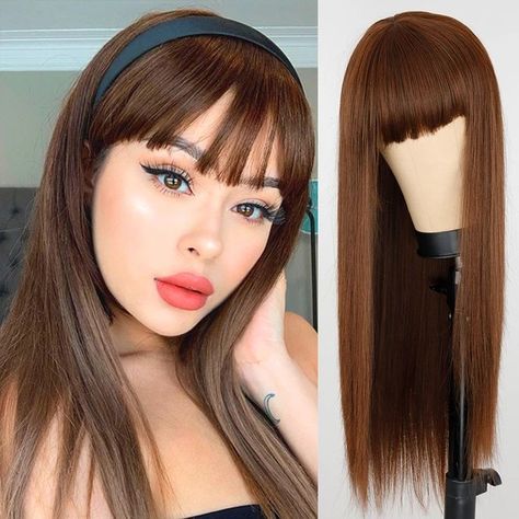 The Best Long Straight Wine Brown Wig With Bangs Synthetic Hair Wigs Bang With Wig For Women Wine Brown Heat Resistant Wigs Blond Pony, Black And White Wig, Grey Hair Wig, Short Hair Wigs, Woman Wine, Red Wigs, Black Wig, Brown Wig, Wig With Bangs