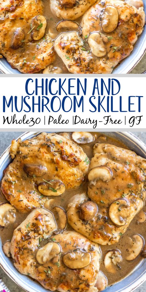 This easy chicken thighs and mushroom skillet is a 30 minute one pan meal that's ideal for busy weeknights! It's full of flavor from a creamy, rich gravy, while still being Whole30, paleo, gluten-free, and dairy-free! There's only a few simple ingredients which makes this dish come together quickly, and it's great for a healthy meal prep recipe because it reheats incredibly well. This is a family-friendly recipe everyone will love! #onepan #whole30chicken #chickenthighs #mushroomrecipes #... Chicken And Mushroom Skillet, Easy Chicken Thighs, Chicken Recipes Dairy Free, Mushroom Skillet, Whole 30 Chicken Recipes, Skillet Chicken Thighs, Chicken Thighs Mushrooms, Df Recipes, Crockpot Chicken Thighs