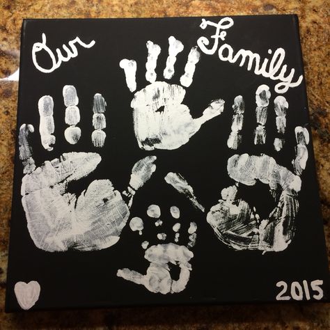 Family handprints....  White acrylic paint on black canvas Paint On Black Canvas, Family Handprint Art, Family Handprints, Handprint Canvas, Ideas Painting Canvas, Family Handprint, Handprint Ideas, Family Hand Prints, Family Hands