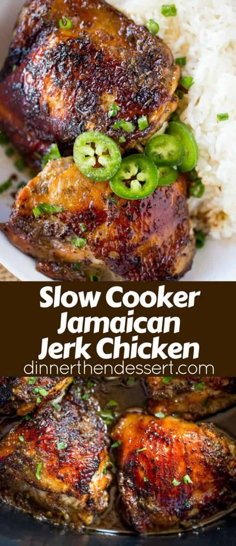 Slow Cooker Jerk Chicken {Quick & Easy!} - Dinner, then Dessert Slow Cooker Jerk Chicken, Chicken In The Slow Cooker, Jamaican Chicken, Jamaican Jerk Chicken, Quick Chicken, Best Slow Cooker, Jerk Chicken, Jamaican Recipes, Thigh Recipes