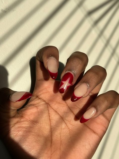 Red Acrylic Nails With Stars, Red Rockstar Nails, Red Star French Tip Nails, Dark Red French Tips Almond, Red French Tips With Stars, Cherry Red Nails French Tip, Dark Red Nails French Tip, Nail Inspo Red And Black, Dark Red Star Nails