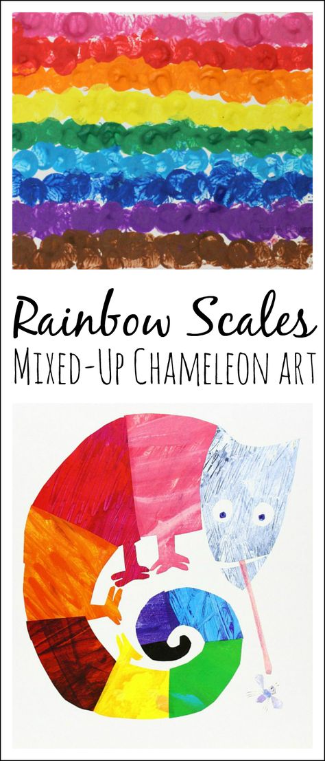 Rainbow Scales Artwork inspired by Eric Carle's book The Mixed-Up Chameleon Chameleon Activities, Preschool Art Center, The Mixed Up Chameleon, Cameleon Art, Art Center Preschool, Scales Art, Mixed Up Chameleon, Eric Carle Art, Blue Chameleon