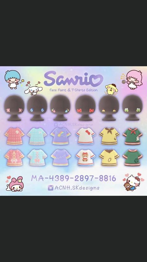 Hello Kitty Animal Crossing Qr Codes, Acnh Sanrio Clothes, Sanrio Animal Crossing Codes, Acnh Kuromi, Animal Crossing Design Codes Clothes Y2k, Acnh Sanrio Codes, Acnh Sanrio, Acnh Kidcore, Bendy Y Boris