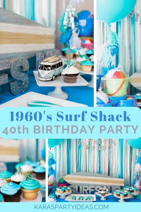 70th Beach Birthday Party, Surf Theme Party Decorations, Surfer Party Food, 60s Beach Party, Surf Theme Party Food, The Big One Surf Birthday Food, Surf Shack Party, Surf Party Food, Party Ideas For Adults Men