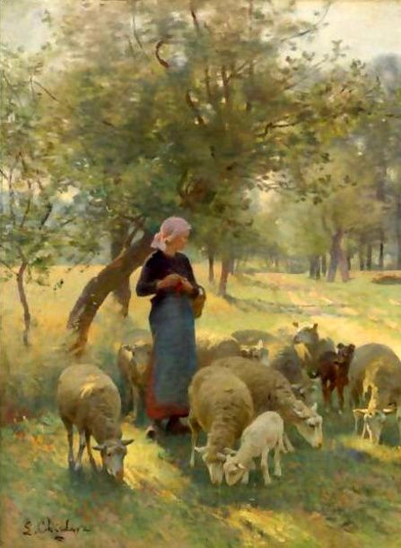 The Gentle Shepherdess - Luigi Chialiva ~ peaceful: Paintings Pencil, Switzerland Painting, Sketch Creative, Ticino Switzerland, Sheep Paintings, Galleria D'arte, Sheep Art, Paintings I Love, Pics Art