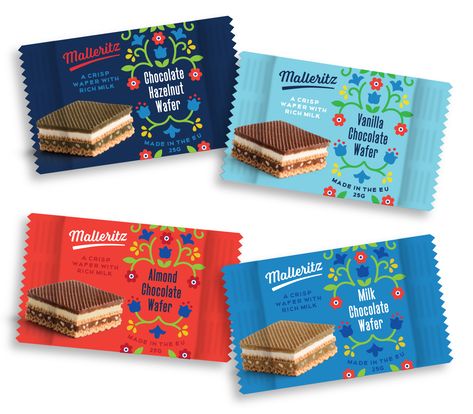 Concept packaging for chocolate wafers in four flavor ways: chocolate, vanilla, milk chocolate, and hazelnut. Illustration in a modern style but with traditional European motifs. Wafer Biscuit Packaging Design, Hazelnut Illustration, Packaging For Chocolate, Chocolate Rice Cakes, Biscuit Packaging, Vanilla Biscuits, Biscuits Packaging, Chocolate Wafer, Toffee Candy