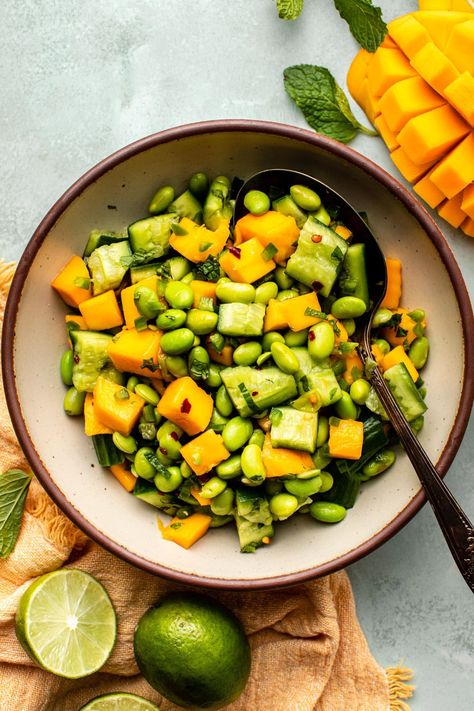 Mango Edamame Salad, Edamame Avocado Salad, Gross Recipes, Mango Cucumber Salad, Salad With Edamame, Salads Without Lettuce, Cucumber Mango, Baked Tempeh, Edamame Salad