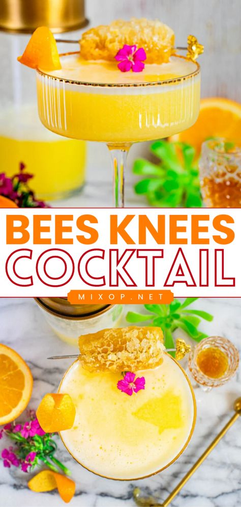 With this elegant Bees Knees cocktail, you’ll experience a variety of sensory flavors on your palate, starting with a sweet yet delicate honey flavor and finishes with that nice dominant citrusy flavor! Honey Mocktail Recipe, Honeycomb Cocktail, Honey Drinks, Easy Party Drinks, Bees Knees Cocktail, Honey Cocktail, Easy Drinks To Make, Popular Cocktail Recipes, Cocktails To Make At Home