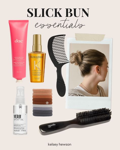 Slicked Back Bun Essentials - Kelsey Hewson Slick Bun Hairstyles, Slicked Back Bun, Slick Bun, Slick Back Bun, Chic Hairstyle, Boar Bristle Brush, Hair Oil Serum, Slick Back, Slicked Back Hair