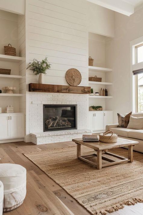 15 Stylish Shiplap Fireplace Ideas to Transform Your Living Space – Everyday Inspo White Stone And Shiplap Fireplace, Small Farmhouse Living Room With Fireplace, Fireplace Ideas With Tv And Shelves, Fireplace On Carpet Living Rooms, Shiplap Fireplace With Brick Hearth, Living Room French Country Modern, Beige Fireplace Brick, White Farmhouse Fireplace, Living Room Update Ideas