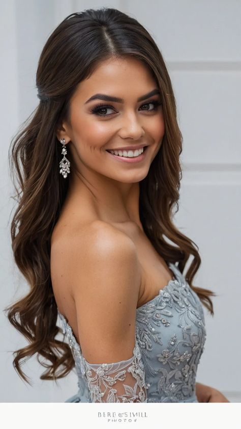 Lock It In: 15 Creative Bridesmaid Hairstyle Ideas for Every Hair Length** ** 39 Smooth Front Wedding Hair, Wedding Hair Inspiration Ponytail, Maid Of Honor Down Hairstyles, Hair Down Braids On Side, Half Hair Pulled Back, 1/2 Up 1/2 Down Hair Do, Bridesmaid Hairstyles Face Framing, Bridesmaid Hairstyle With Headband, Shoulder Length Hair Bridesmaid Styles