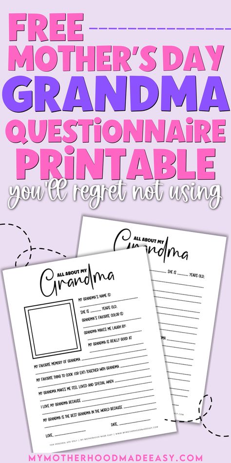 mothers day grandma questionnaire printable    Looking for the perfect Mother’s Day Grandma Questionnaire Printable for your kids to fill out as a gift to NaNa this May season? Well, You’re in luck! Keep reading to see our Mother’s day interview questions (grandma version)! Also, don’t forget to grab our free printable questionnaire for a unique and thoughtful gift and a fun activity for young kids and their grandma to complete together. Grandma Questionnaire, May Season, Preschool Poems, I Love My Grandma, Mother's Day Theme, Kids Questions, Mother's Day Printables, Grandma Names, Grandmas Mothers Day Gifts