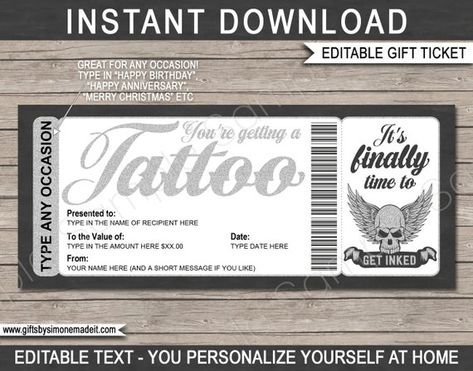 Tattoo Gift Certificate Card Voucher Printable Custom Template - Human Skull with Wings Design - Get Inked - INSTANT DOWNLOAD text EDITABLE Tattoo Gift Certificate, Printable Vouchers, Skull With Wings, Movie Invitation, Printable Tickets, Chocolate Labels, Spy Party, Ticket Card, Party Tickets